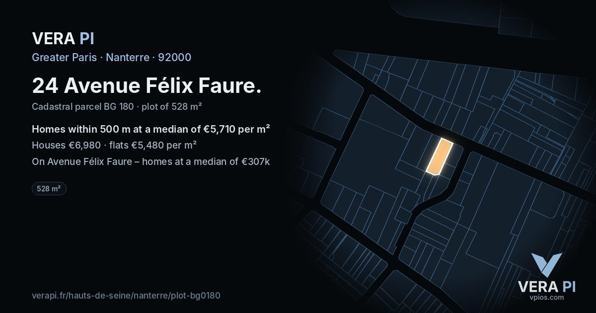 24 Avenue Félix Faure, Nanterre at night – the plot lit, the parcels around coloured by the prices near them