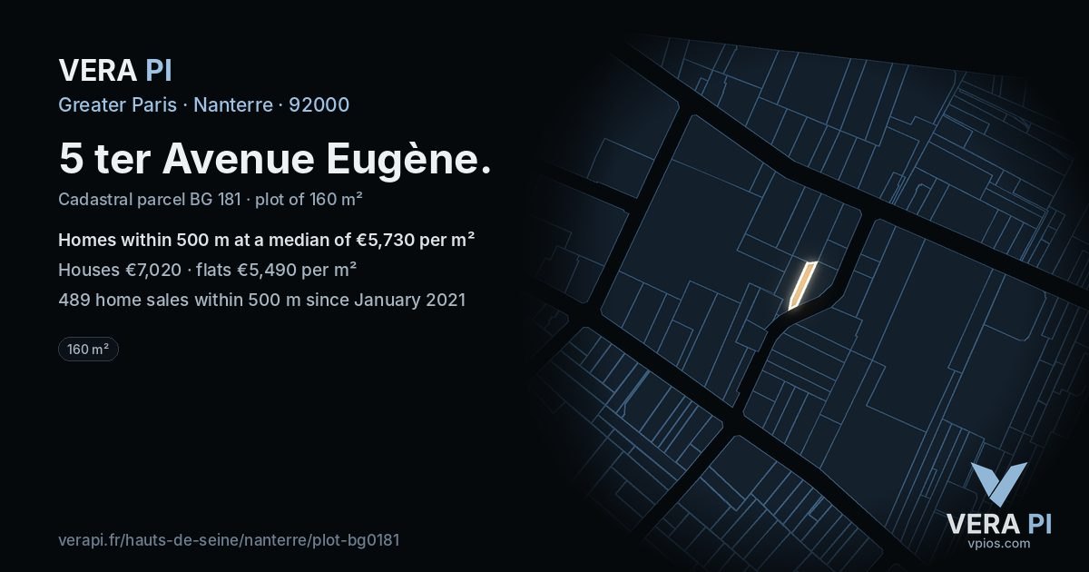 5 ter Avenue Eugène, Nanterre at night – the plot lit, the parcels around coloured by the prices near them