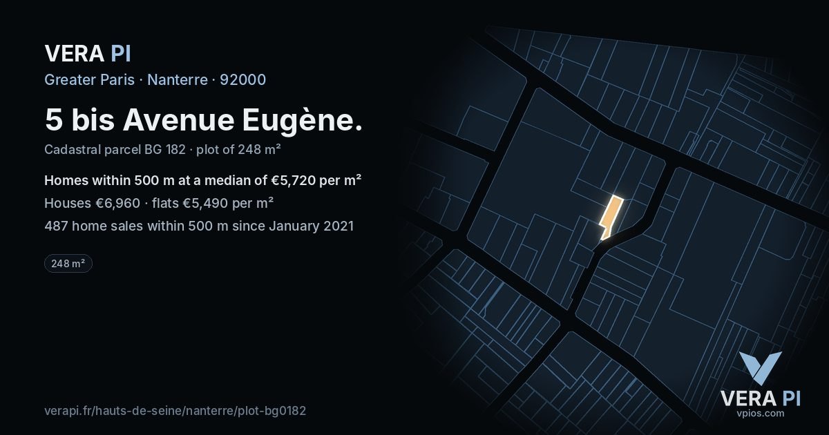 5 bis Avenue Eugène, Nanterre at night – the plot lit, the parcels around coloured by the prices near them