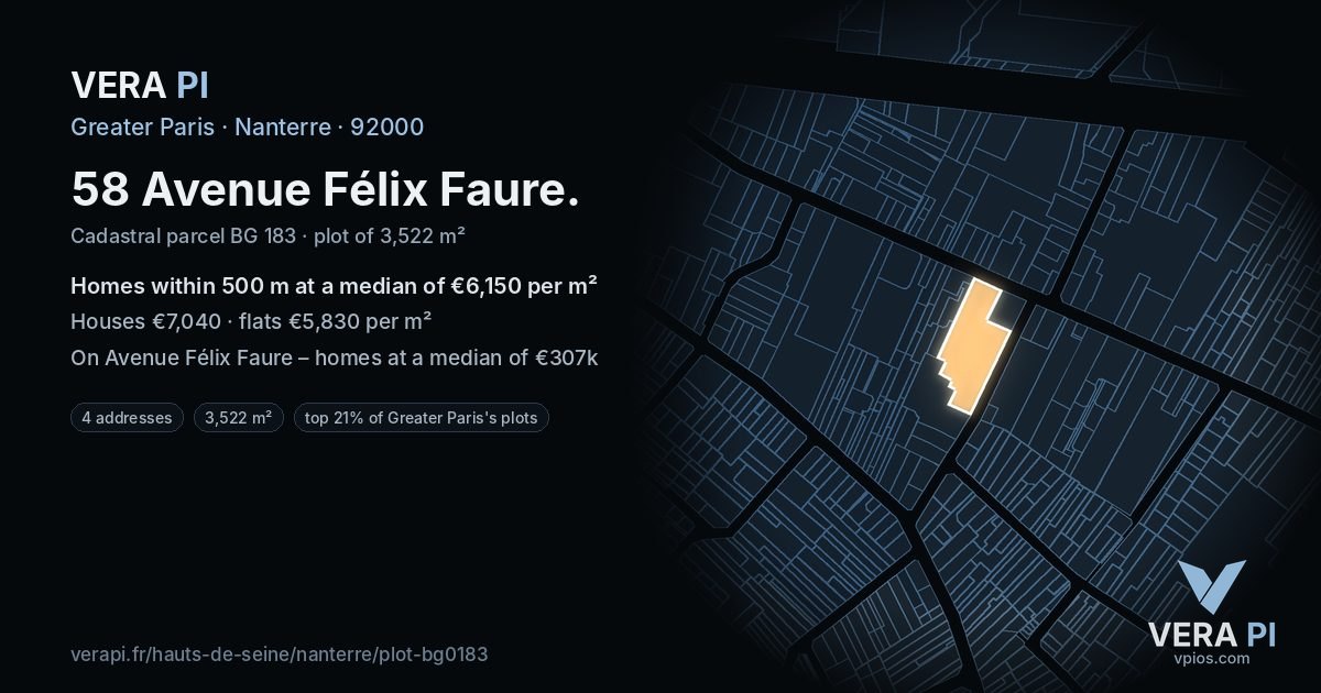 58 Avenue Félix Faure, Nanterre at night – the plot lit, the parcels around coloured by the prices near them