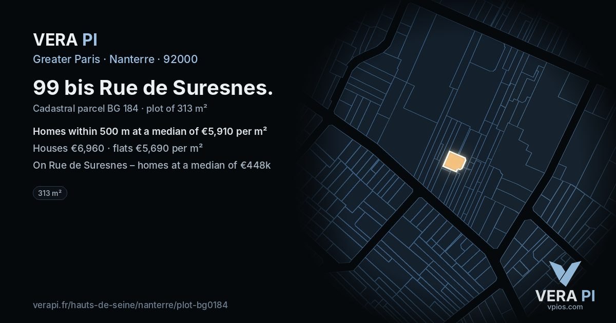 99 bis Rue de Suresnes, Nanterre at night – the plot lit, the parcels around coloured by the prices near them
