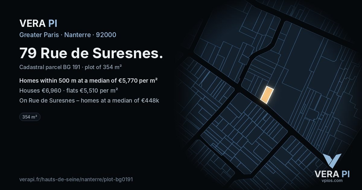 79 Rue de Suresnes, Nanterre at night – the plot lit, the parcels around coloured by the prices near them