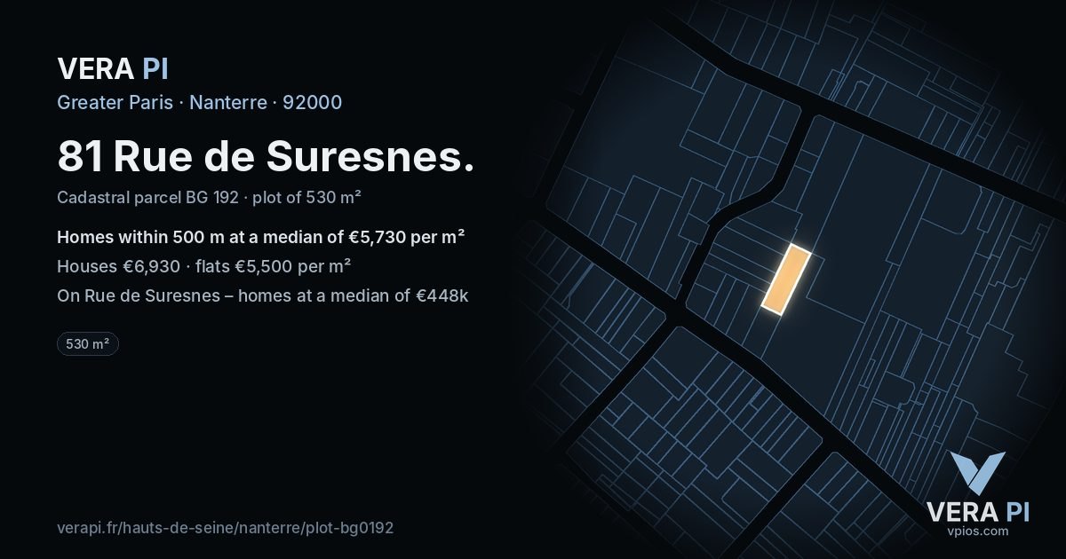 81 Rue de Suresnes, Nanterre at night – the plot lit, the parcels around coloured by the prices near them