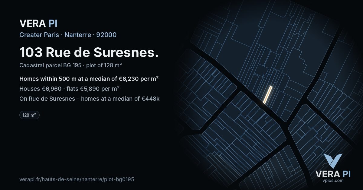 103 Rue de Suresnes, Nanterre at night – the plot lit, the parcels around coloured by the prices near them
