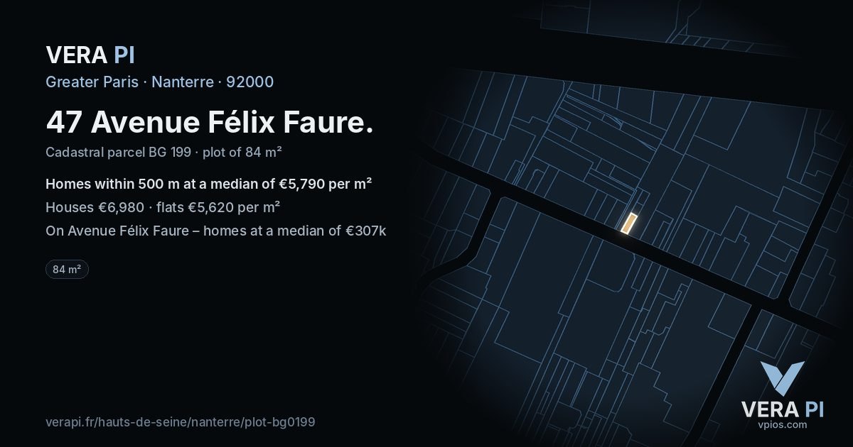 47 Avenue Félix Faure, Nanterre at night – the plot lit, the parcels around coloured by the prices near them