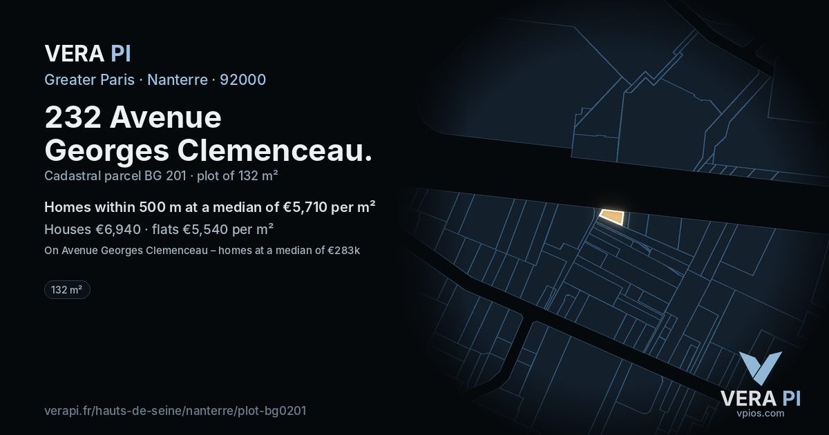 232 Avenue Georges Clemenceau, Nanterre at night – the plot lit, the parcels around coloured by the prices near them