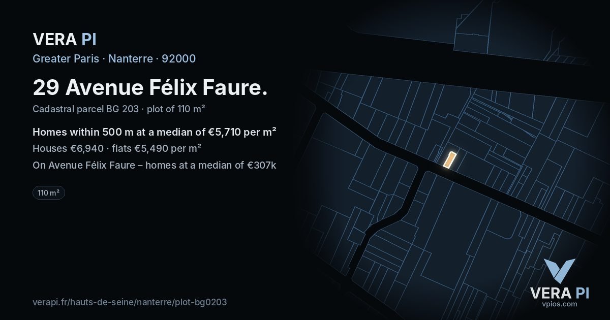 29 Avenue Félix Faure, Nanterre at night – the plot lit, the parcels around coloured by the prices near them