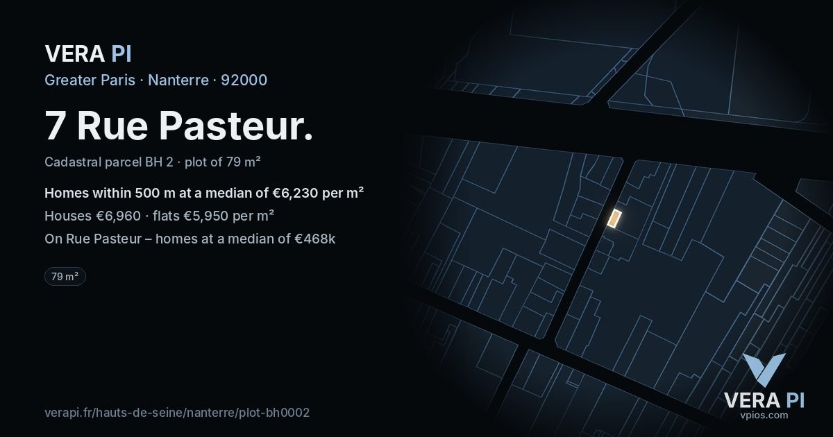 7 Rue Pasteur, Nanterre at night – the plot lit, the parcels around coloured by the prices near them
