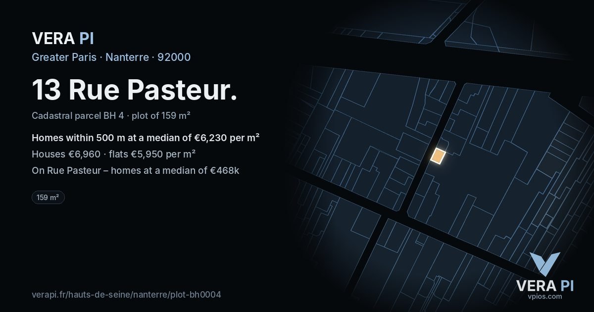 13 Rue Pasteur, Nanterre at night – the plot lit, the parcels around coloured by the prices near them