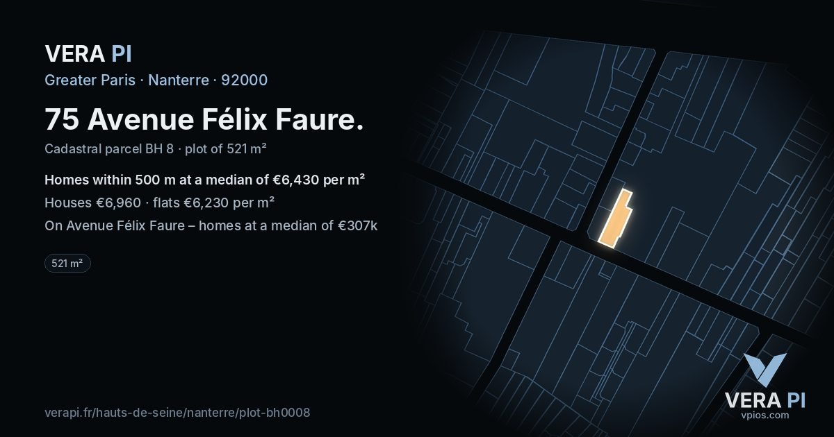 75 Avenue Félix Faure, Nanterre at night – the plot lit, the parcels around coloured by the prices near them