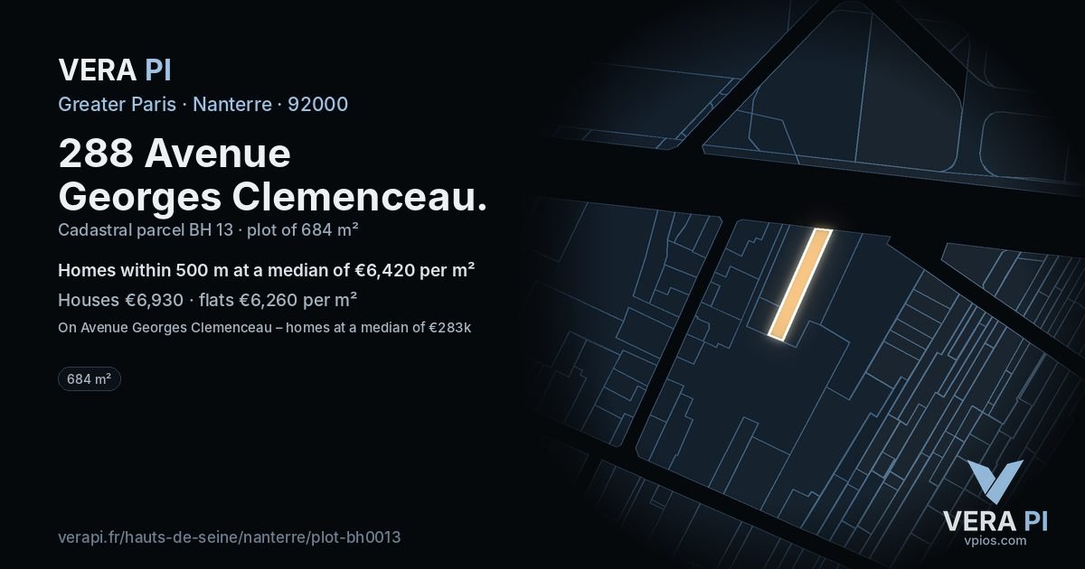 288 Avenue Georges Clemenceau, Nanterre at night – the plot lit, the parcels around coloured by the prices near them