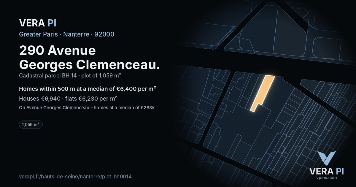 290 Avenue Georges Clemenceau, Nanterre at night – the plot lit, the parcels around coloured by the prices near them
