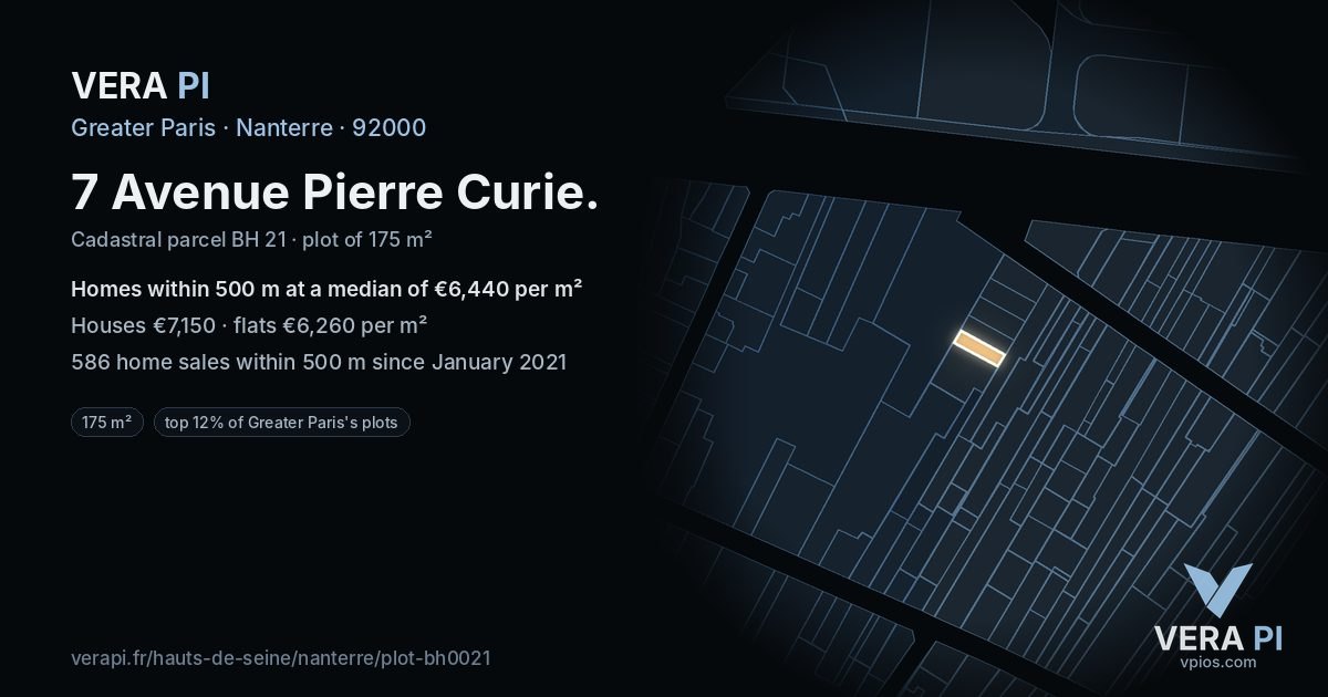 7 Avenue Pierre Curie, Nanterre at night – the plot lit, the parcels around coloured by the prices near them