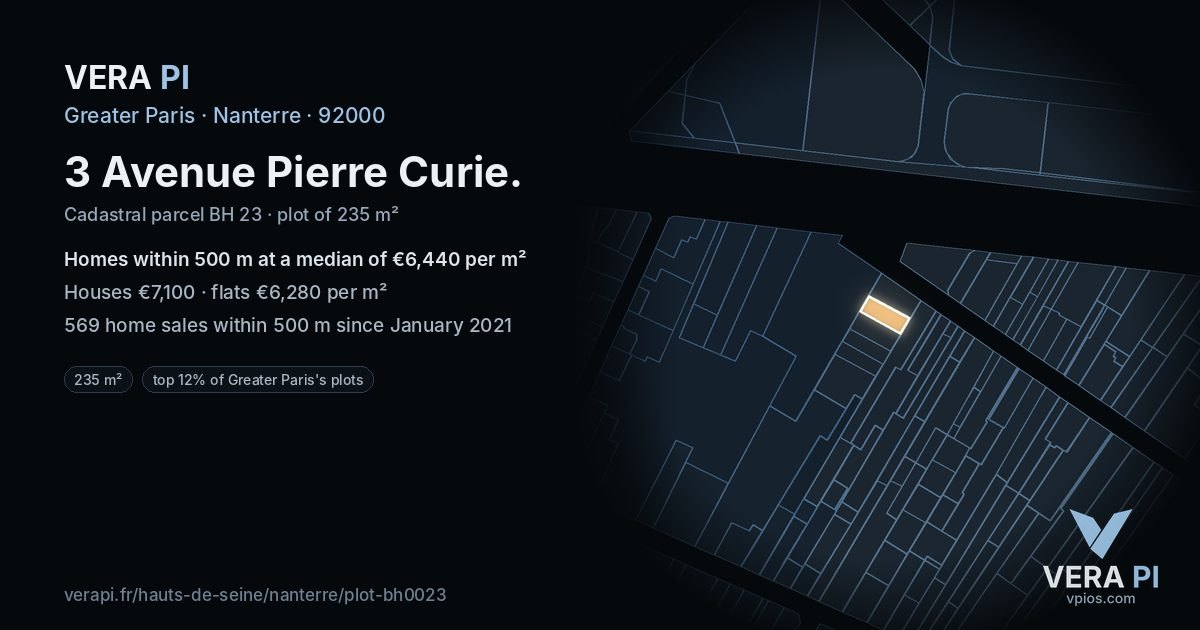 3 Avenue Pierre Curie, Nanterre at night – the plot lit, the parcels around coloured by the prices near them