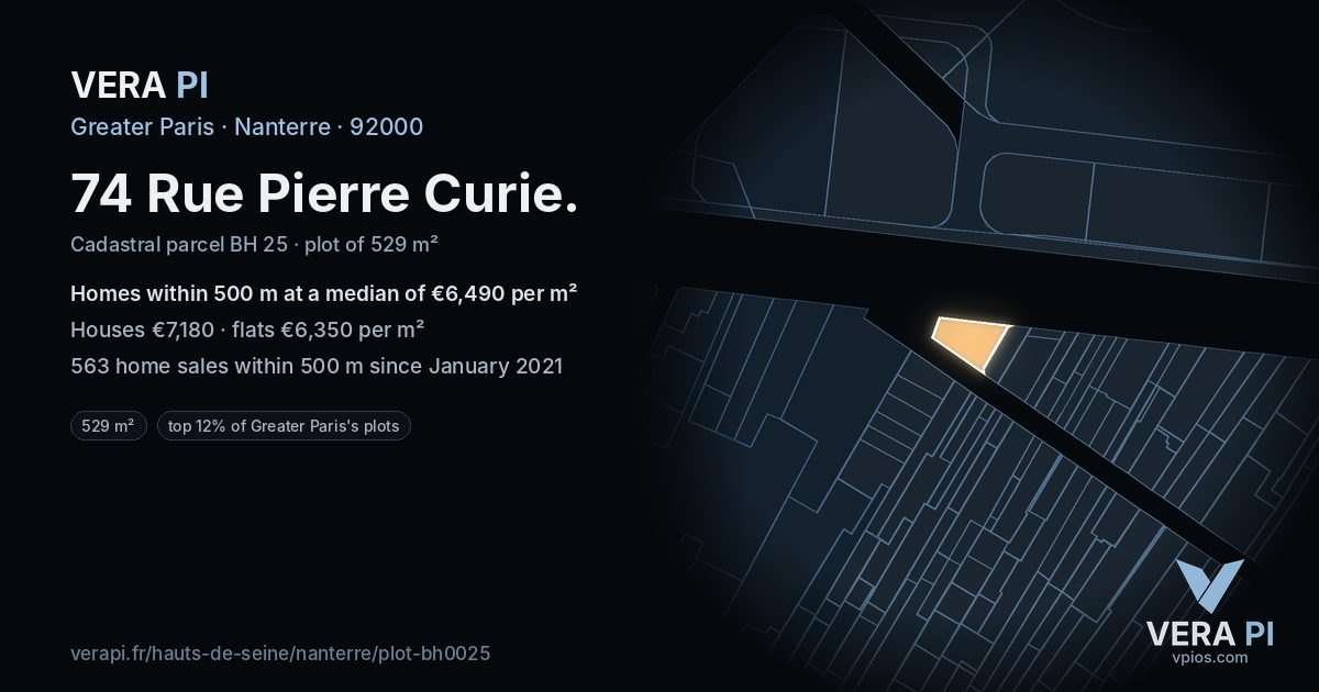 74 Rue Pierre Curie, Nanterre at night – the plot lit, the parcels around coloured by the prices near them