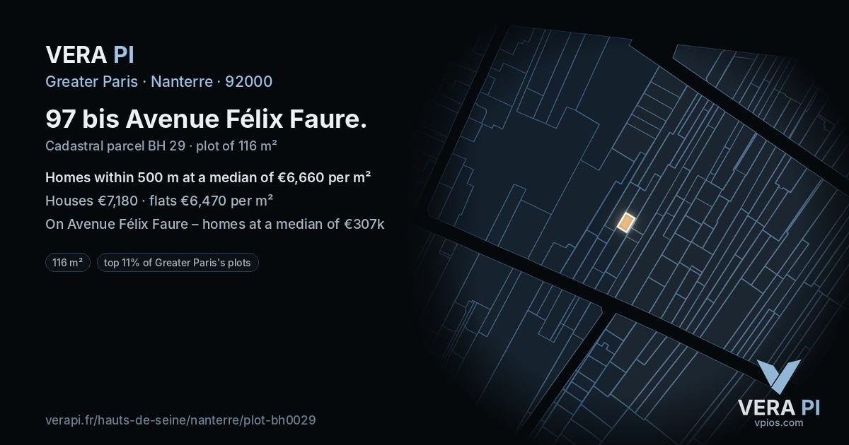 97 bis Avenue Félix Faure, Nanterre at night – the plot lit, the parcels around coloured by the prices near them