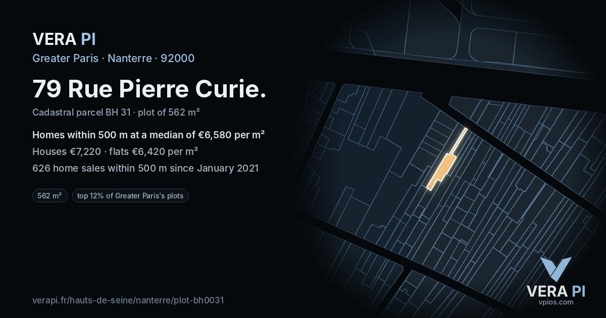 79 Rue Pierre Curie, Nanterre at night – the plot lit, the parcels around coloured by the prices near them
