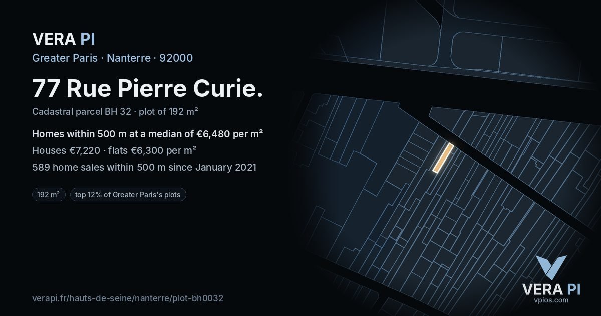 77 Rue Pierre Curie, Nanterre at night – the plot lit, the parcels around coloured by the prices near them