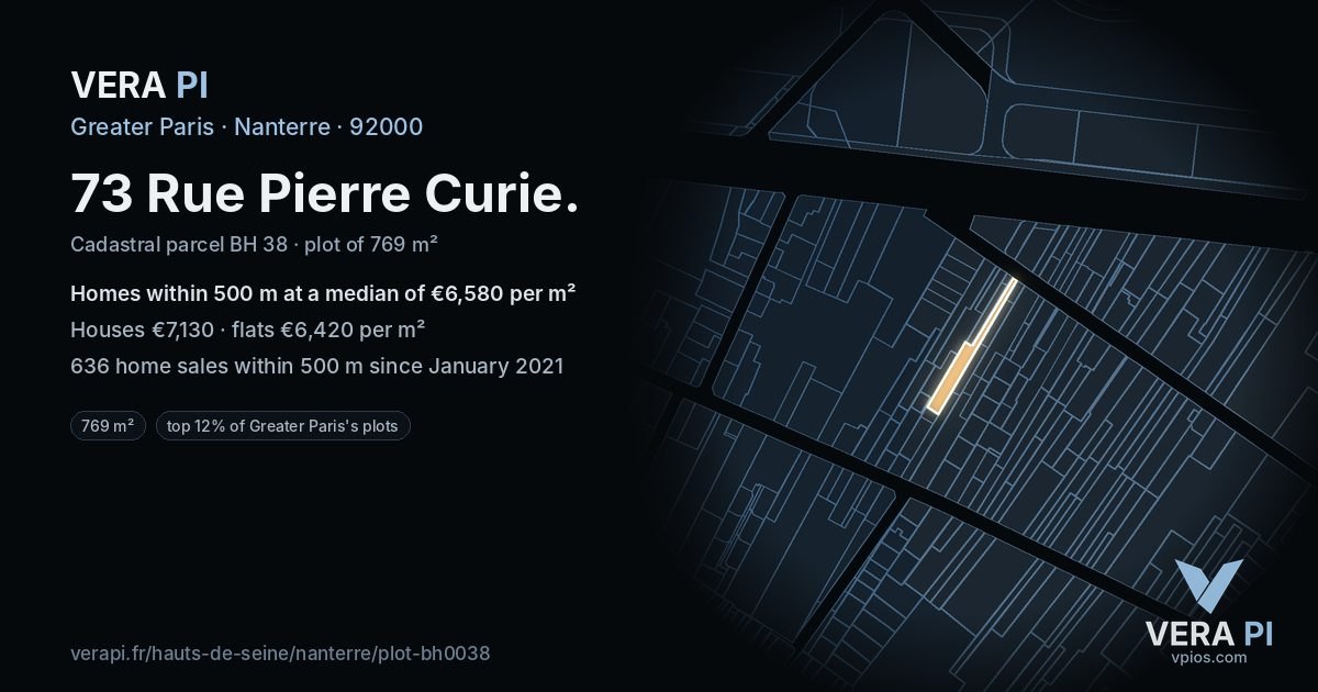 73 Rue Pierre Curie, Nanterre at night – the plot lit, the parcels around coloured by the prices near them