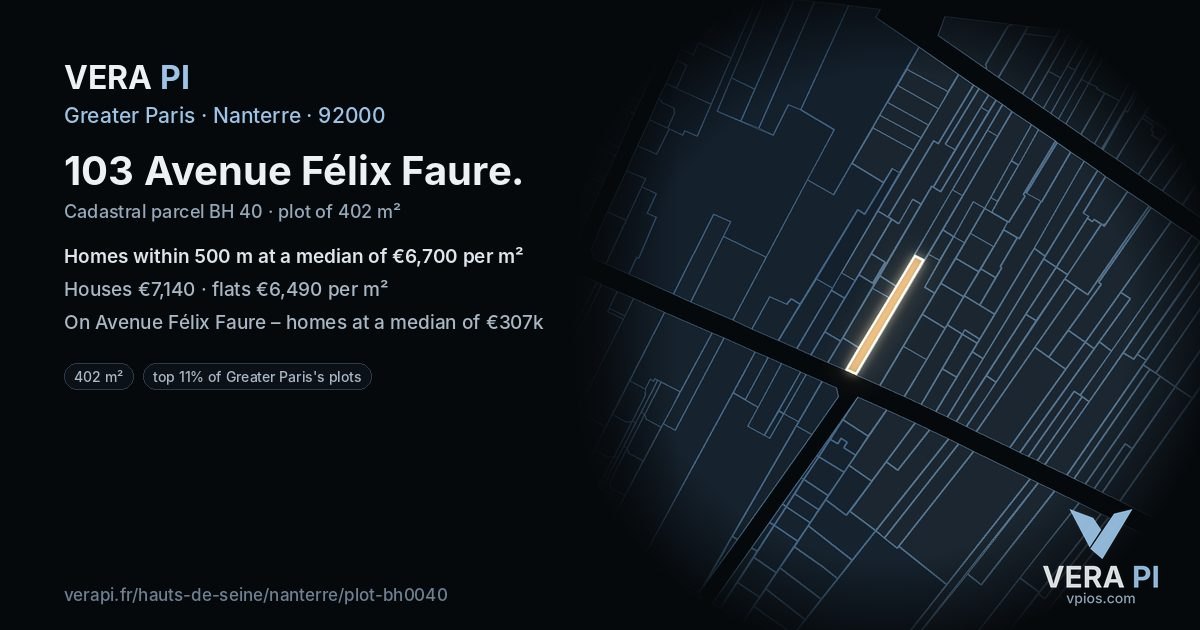 103 Avenue Félix Faure, Nanterre at night – the plot lit, the parcels around coloured by the prices near them