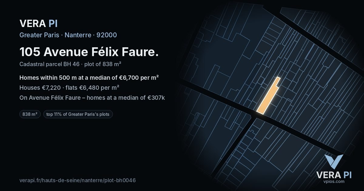 105 Avenue Félix Faure, Nanterre at night – the plot lit, the parcels around coloured by the prices near them