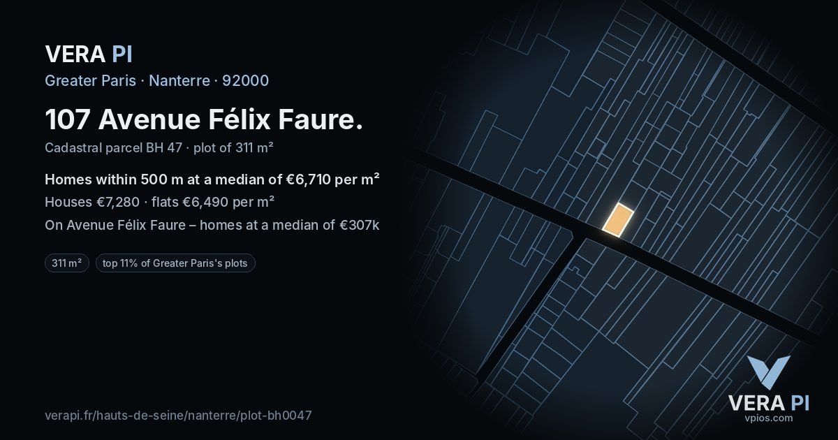 107 Avenue Félix Faure, Nanterre at night – the plot lit, the parcels around coloured by the prices near them