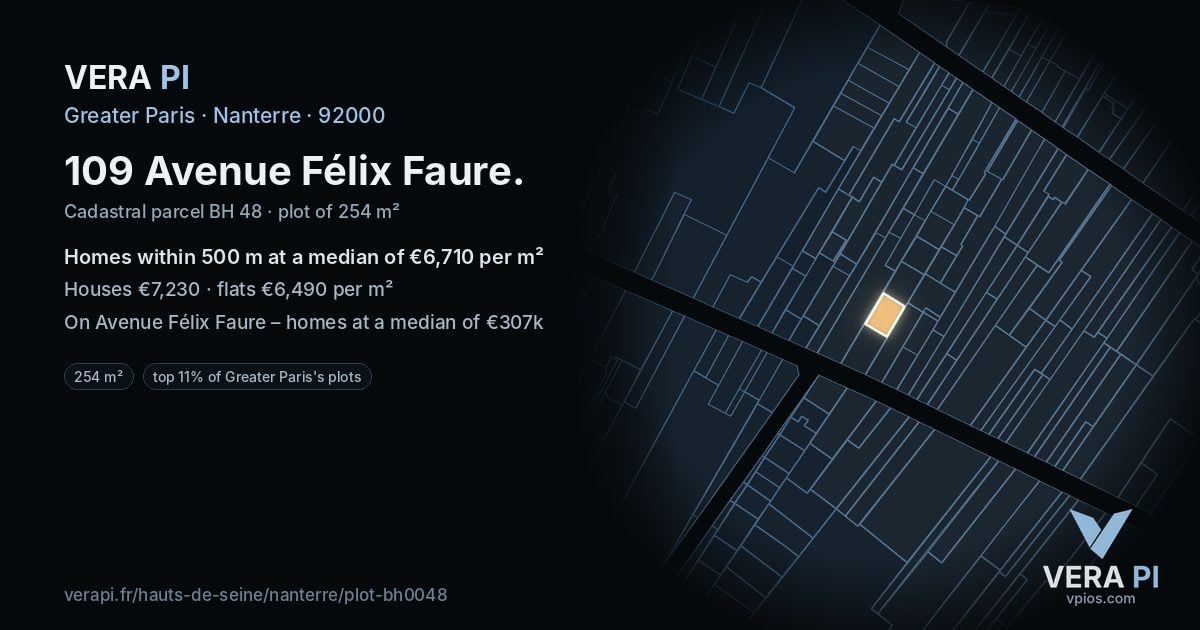 109 Avenue Félix Faure, Nanterre at night – the plot lit, the parcels around coloured by the prices near them