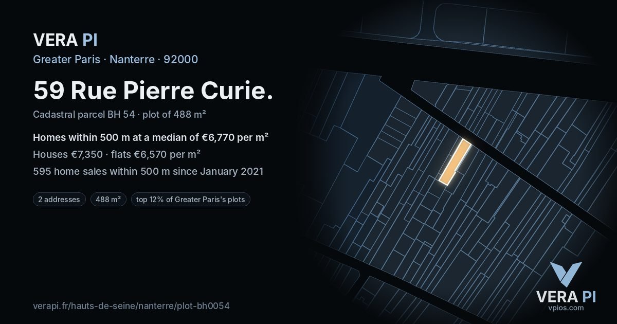 59 Rue Pierre Curie, Nanterre at night – the plot lit, the parcels around coloured by the prices near them