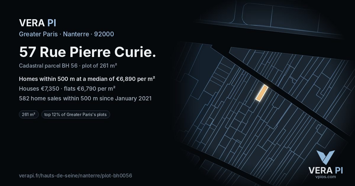 57 Rue Pierre Curie, Nanterre at night – the plot lit, the parcels around coloured by the prices near them