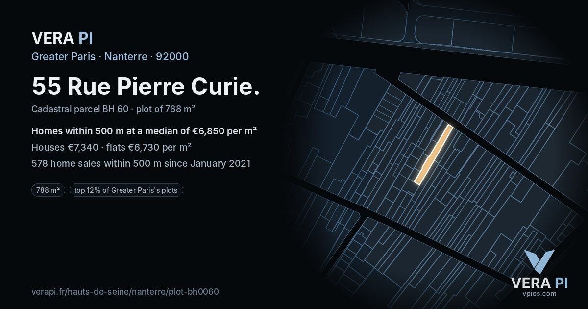 55 Rue Pierre Curie, Nanterre at night – the plot lit, the parcels around coloured by the prices near them