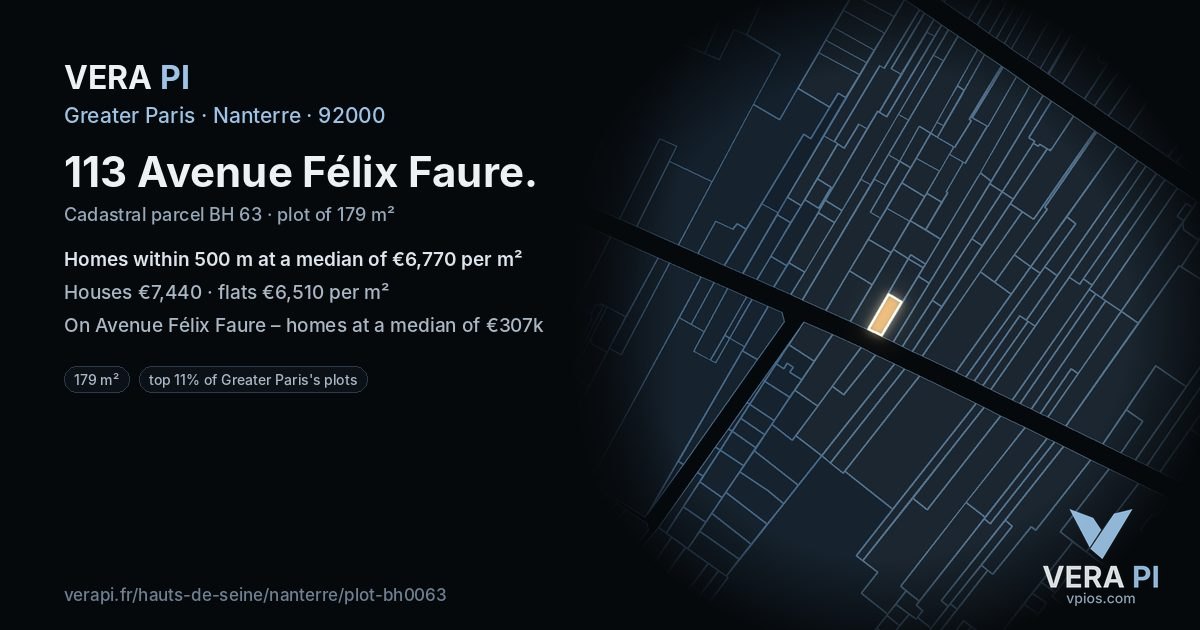 113 Avenue Félix Faure, Nanterre at night – the plot lit, the parcels around coloured by the prices near them