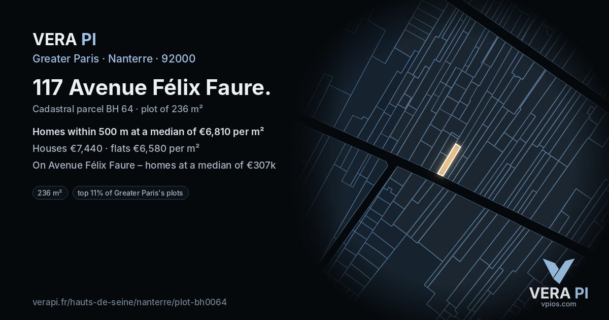 117 Avenue Félix Faure, Nanterre at night – the plot lit, the parcels around coloured by the prices near them