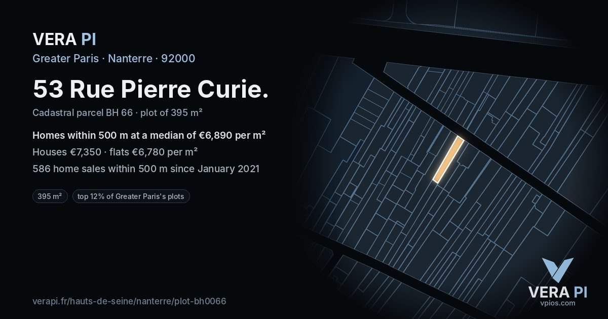 53 Rue Pierre Curie, Nanterre at night – the plot lit, the parcels around coloured by the prices near them