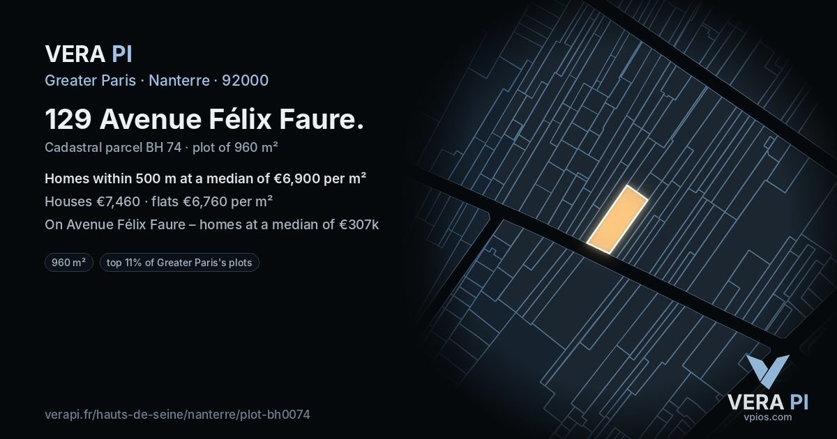 129 Avenue Félix Faure, Nanterre at night – the plot lit, the parcels around coloured by the prices near them