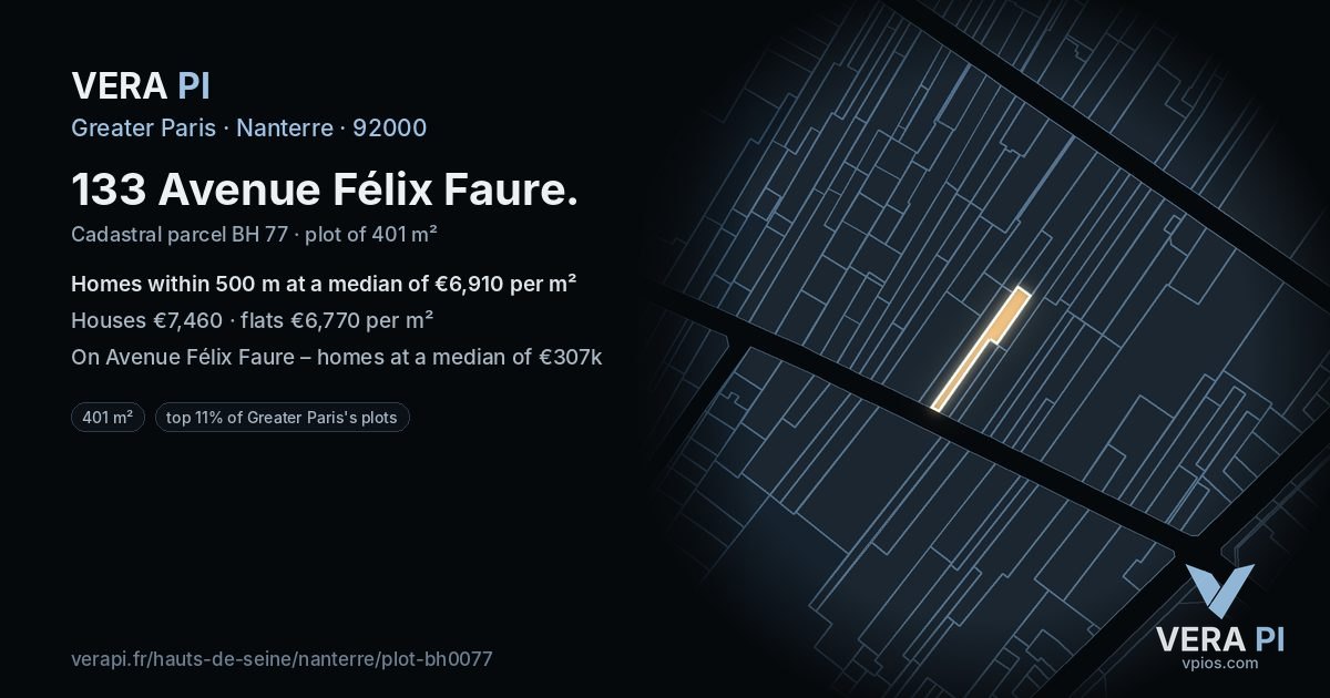 133 Avenue Félix Faure, Nanterre at night – the plot lit, the parcels around coloured by the prices near them