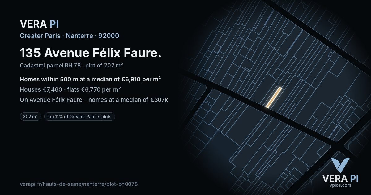 135 Avenue Félix Faure, Nanterre at night – the plot lit, the parcels around coloured by the prices near them