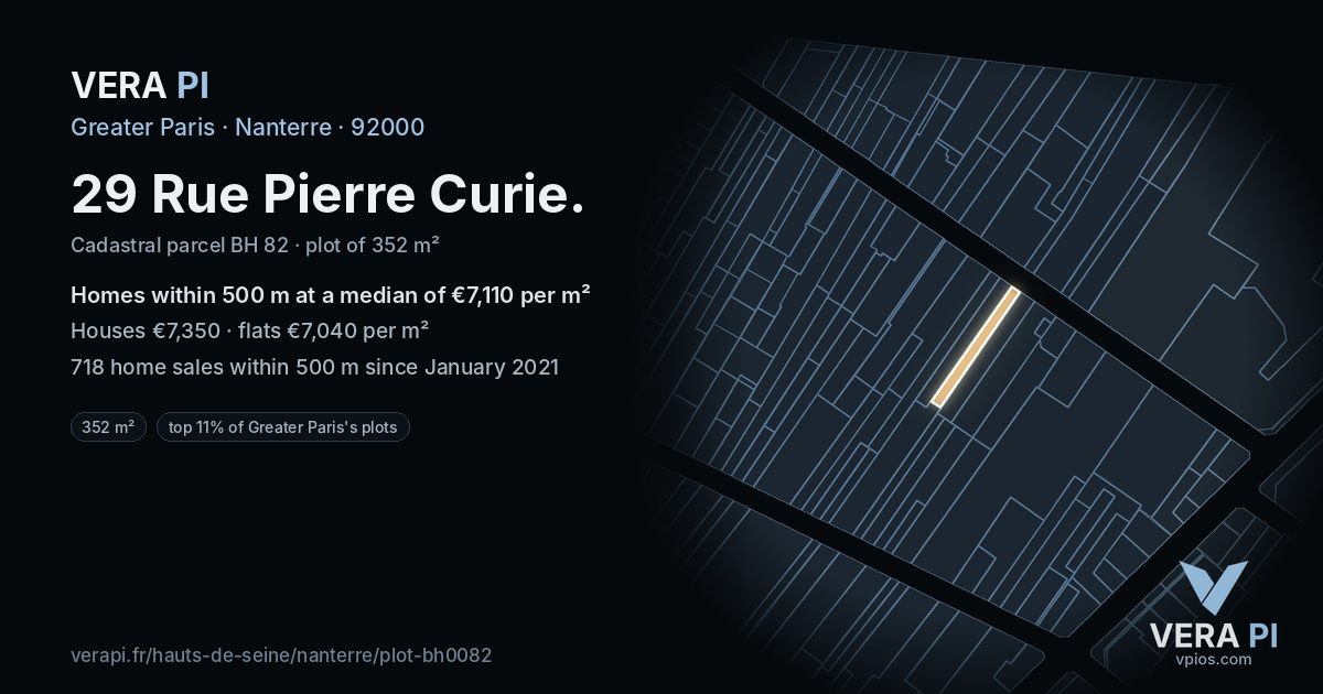 29 Rue Pierre Curie, Nanterre at night – the plot lit, the parcels around coloured by the prices near them