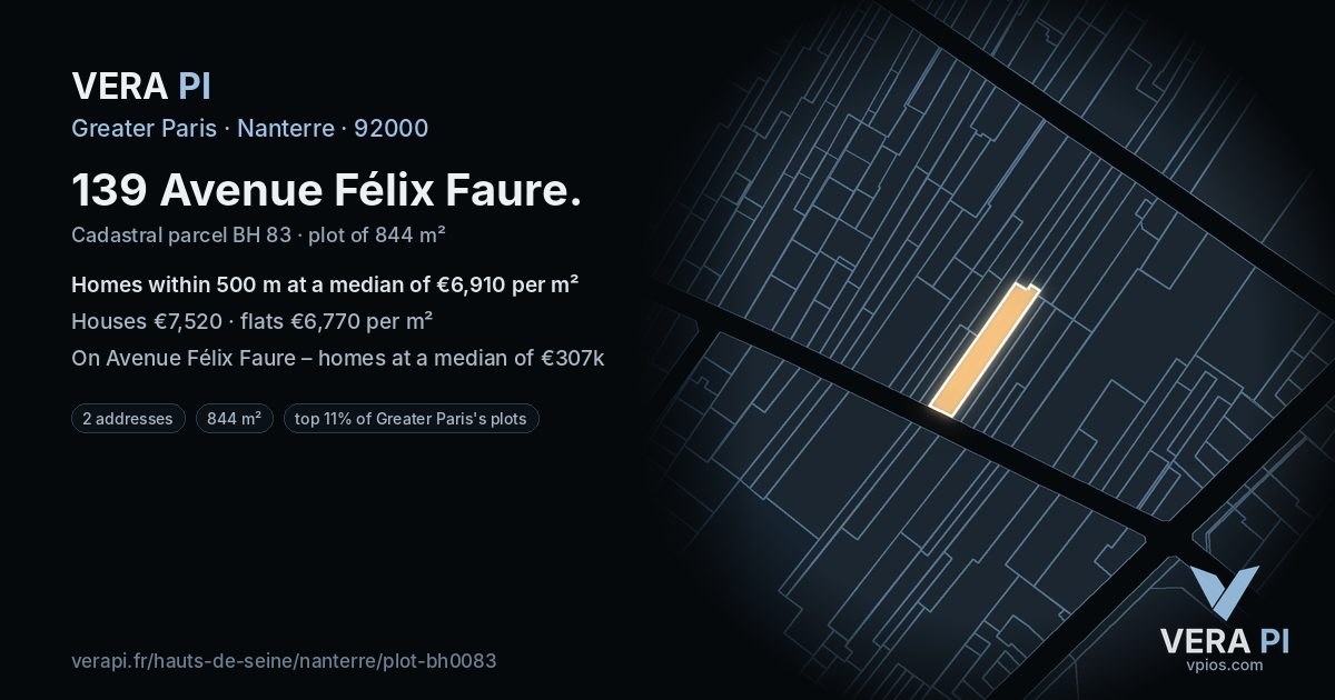 139 Avenue Félix Faure, Nanterre at night – the plot lit, the parcels around coloured by the prices near them