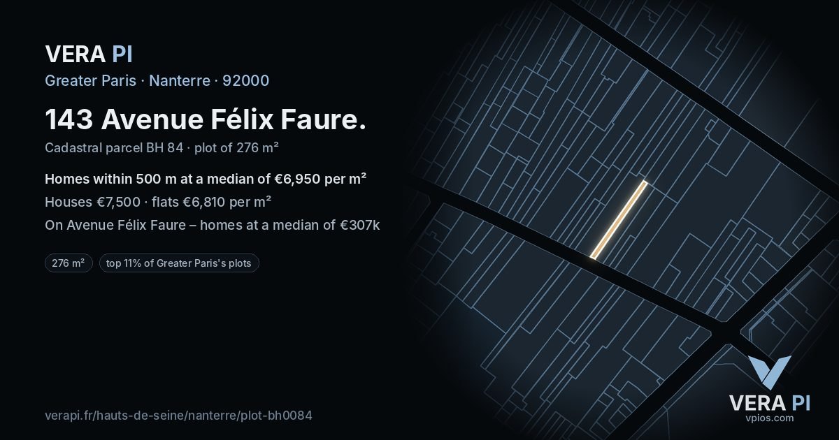 143 Avenue Félix Faure, Nanterre at night – the plot lit, the parcels around coloured by the prices near them