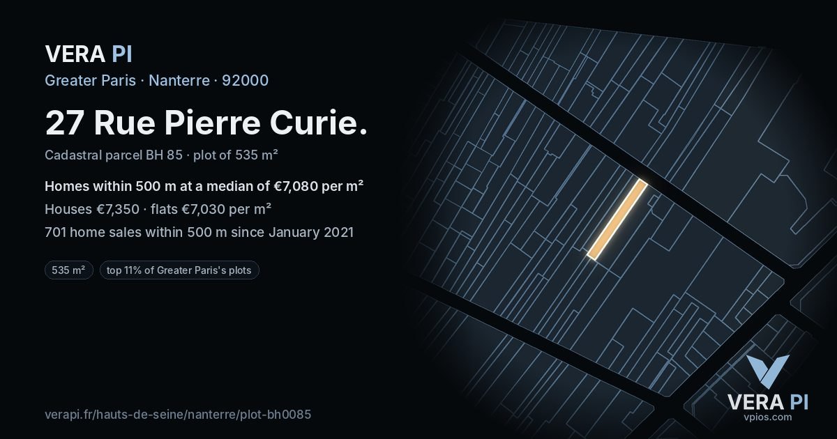 27 Rue Pierre Curie, Nanterre at night – the plot lit, the parcels around coloured by the prices near them