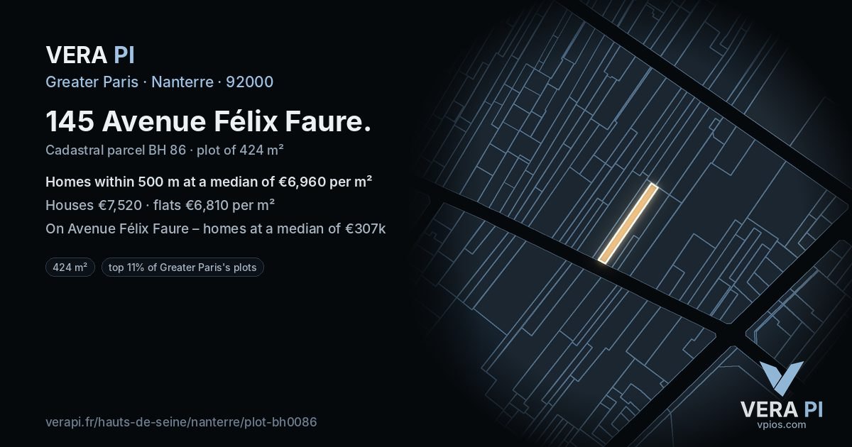 145 Avenue Félix Faure, Nanterre at night – the plot lit, the parcels around coloured by the prices near them