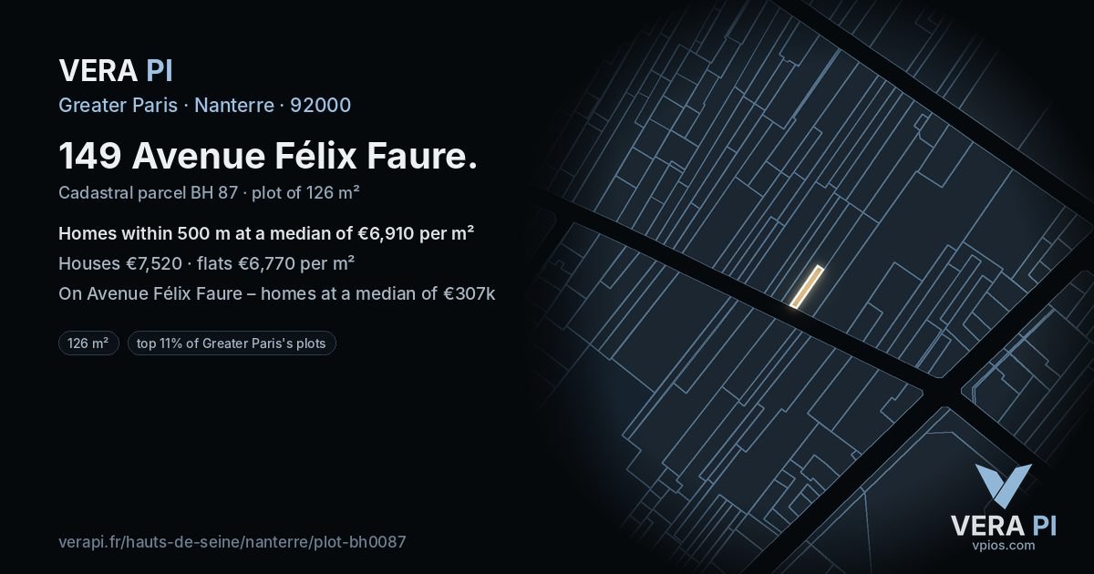 149 Avenue Félix Faure, Nanterre at night – the plot lit, the parcels around coloured by the prices near them