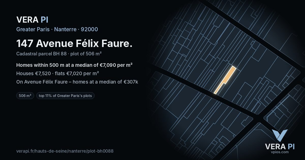 147 Avenue Félix Faure, Nanterre at night – the plot lit, the parcels around coloured by the prices near them