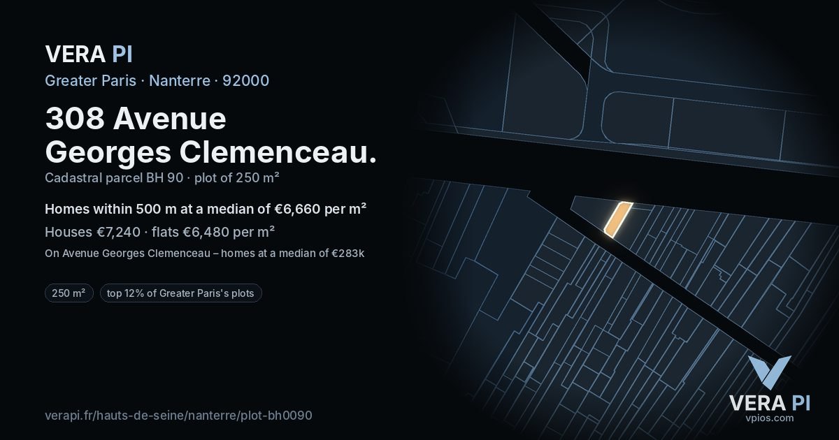 308 Avenue Georges Clemenceau, Nanterre at night – the plot lit, the parcels around coloured by the prices near them
