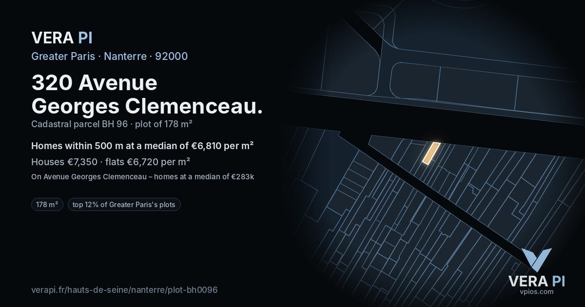 320 Avenue Georges Clemenceau, Nanterre at night – the plot lit, the parcels around coloured by the prices near them