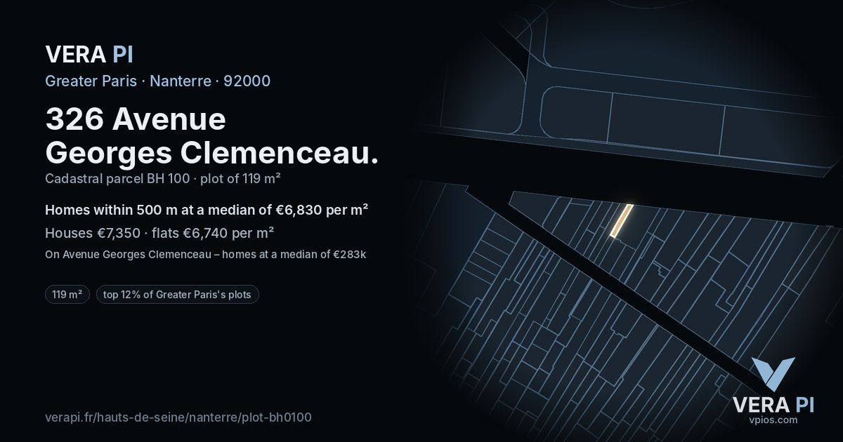 326 Avenue Georges Clemenceau, Nanterre at night – the plot lit, the parcels around coloured by the prices near them