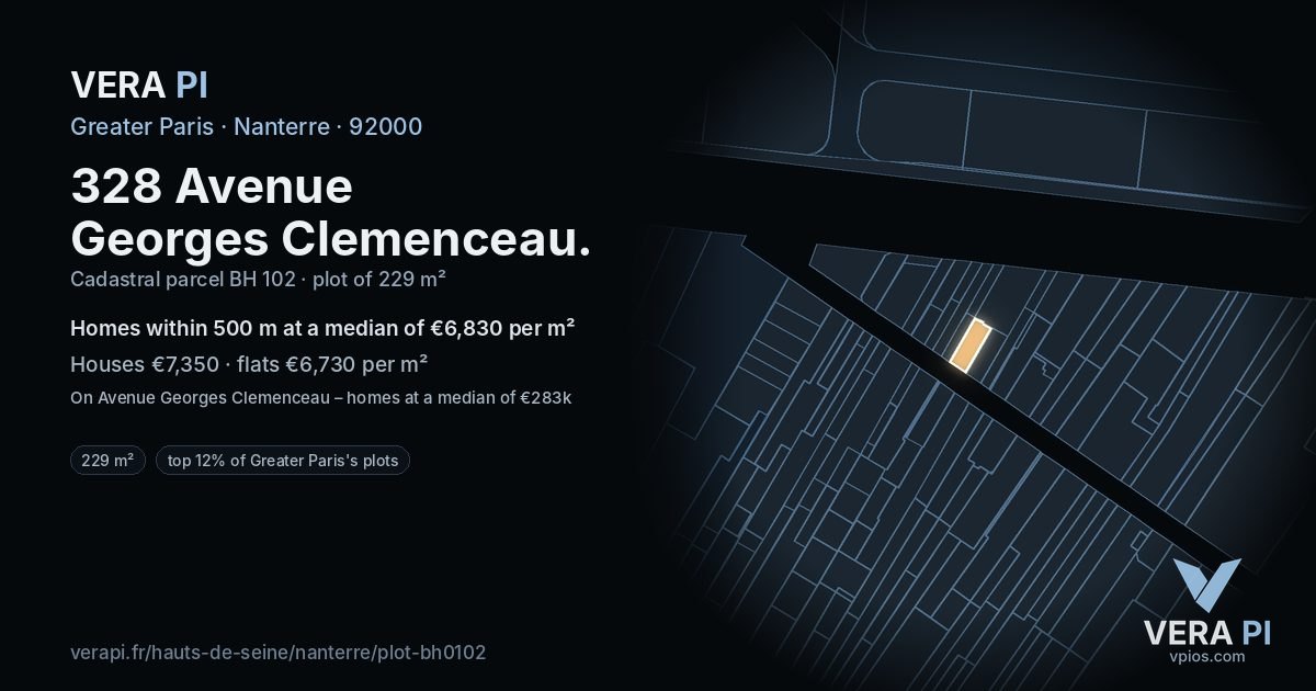 328 Avenue Georges Clemenceau, Nanterre at night – the plot lit, the parcels around coloured by the prices near them