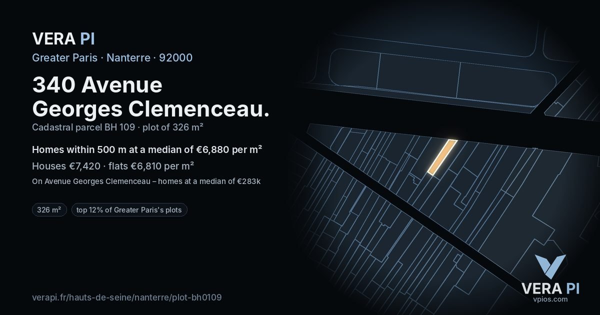 340 Avenue Georges Clemenceau, Nanterre at night – the plot lit, the parcels around coloured by the prices near them