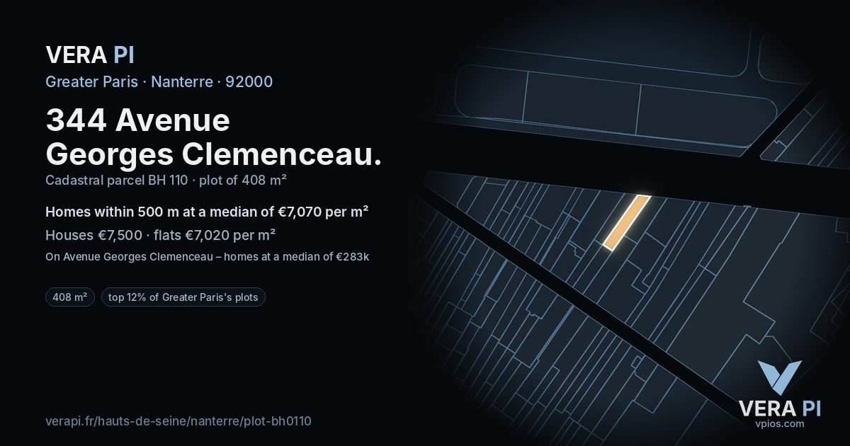 344 Avenue Georges Clemenceau, Nanterre at night – the plot lit, the parcels around coloured by the prices near them