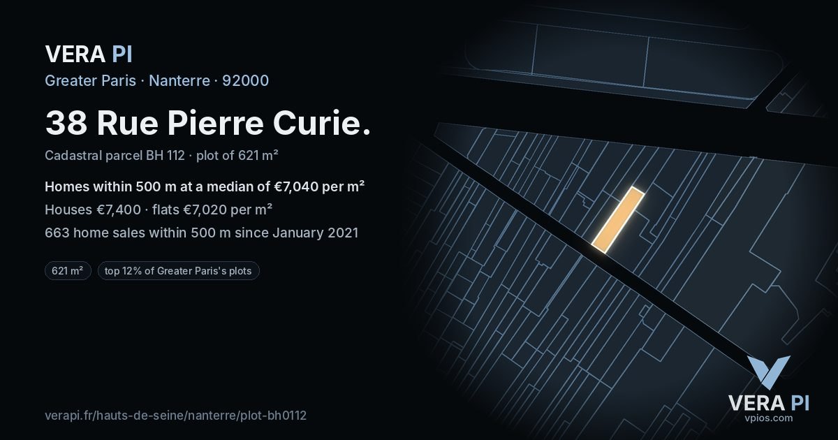 38 Rue Pierre Curie, Nanterre at night – the plot lit, the parcels around coloured by the prices near them
